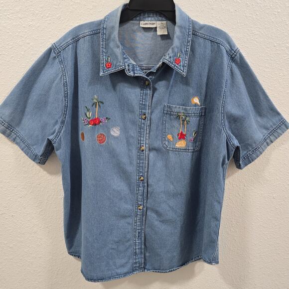 Vintage Cabin Creek Denim Shirt XL Embroidered Palm Trees Seashells Womens Y2K - Picture 2 of 12